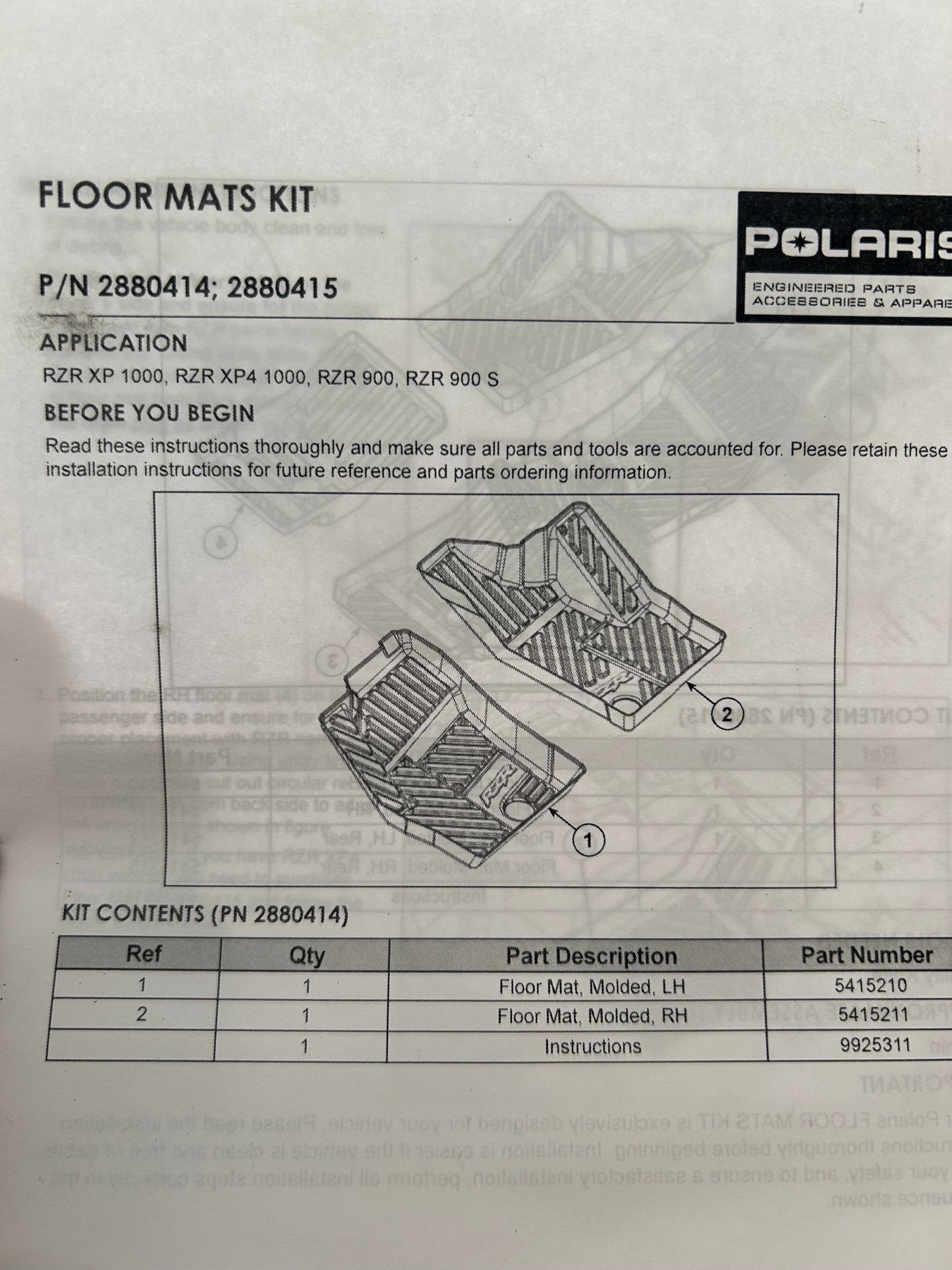 POLARIS RZR Fußmatten 2880414